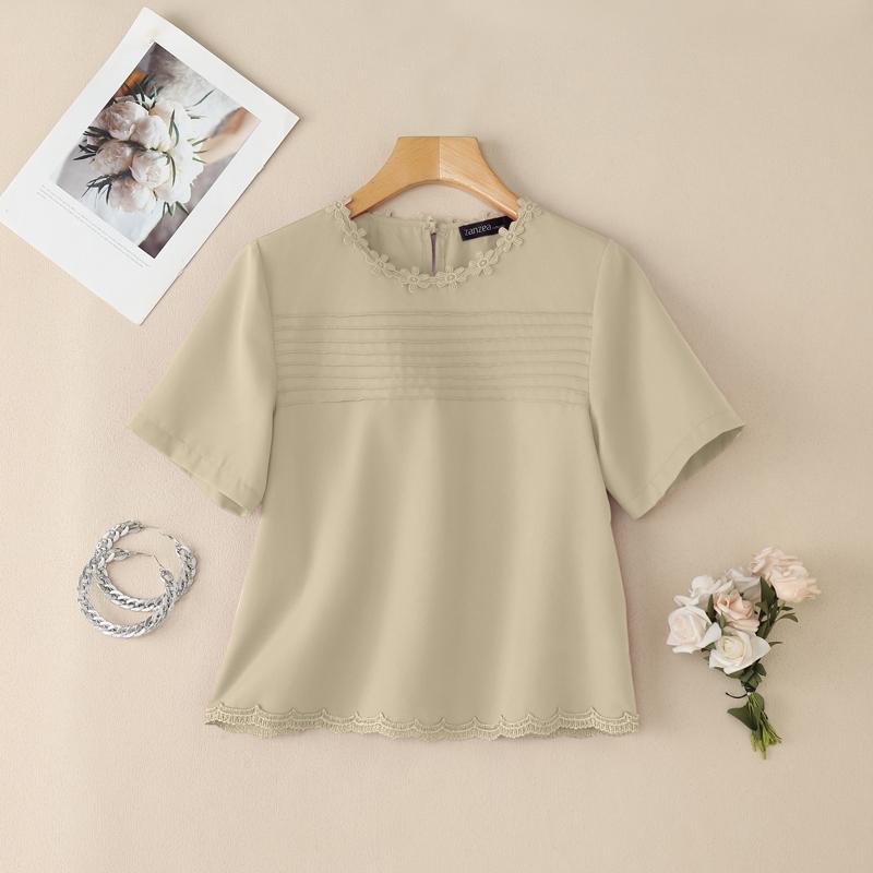 

ZANZEA Женская повседневная блузка с кружевной вставкой, круглым вырезом, коротким рукавом, для лета 5XL хаки