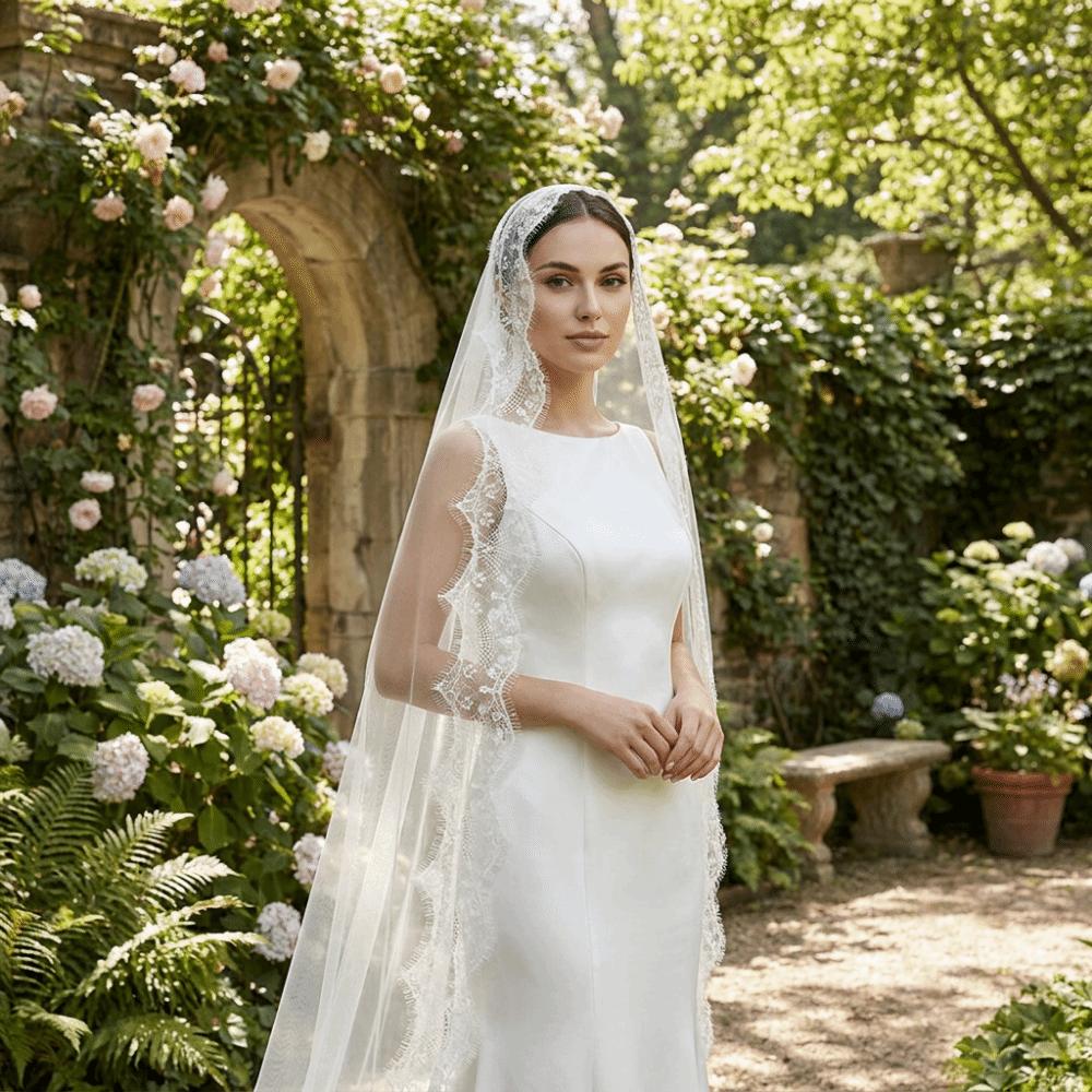2M Long Bridal Headscarf Lace Edge Muslin Head Covering Elegant Wedding Veil Cathedral Wedding