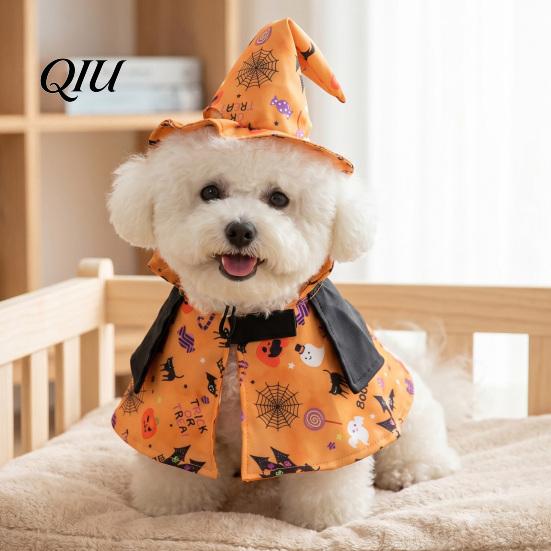 Ghost Themed Pet Outfit 1 Set Halloween Costume, Adjustable Wizard Hat And Cape, Cute Pumpkin Costume Prints, Fun for Small Dogs Cats Festive