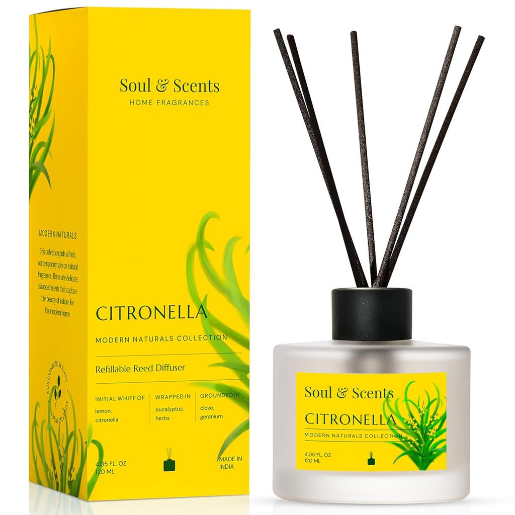Soul & Scents Glass 120ml Lemongrass Reed Diffuser Set | Free 6 Fiber Reed Sticks | Stress Relief & Aromatherapy | Long-Lasting,