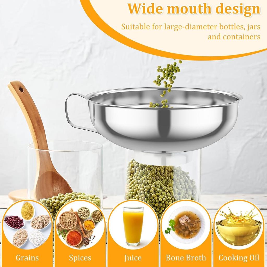 Canning Funnel with Strainer for Wide and Regular Mason Jars - Wide-Mouth Funnels for Kitchen Use - Canning Supplies Kit - Stainless Steel - 3 Pack