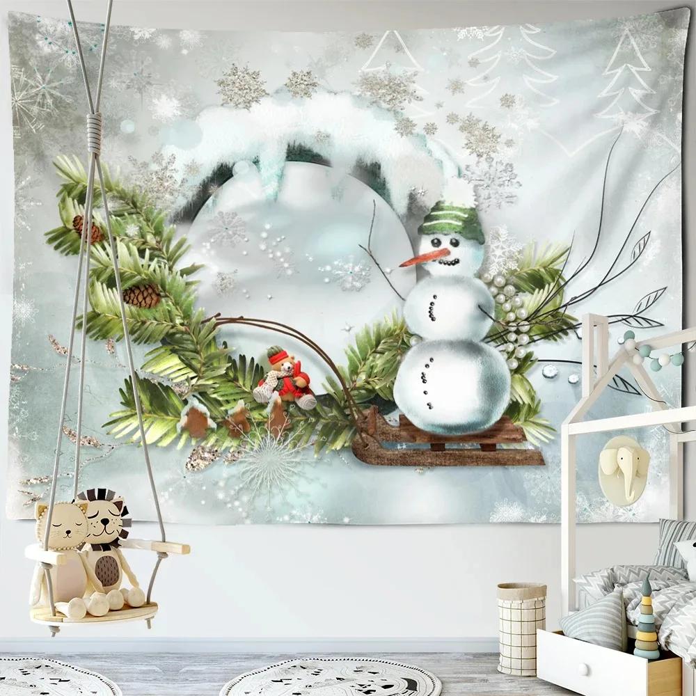 Christmas Tree Cute Snowman Tapestry Living Room Sofa Home Decor Christmas Gift