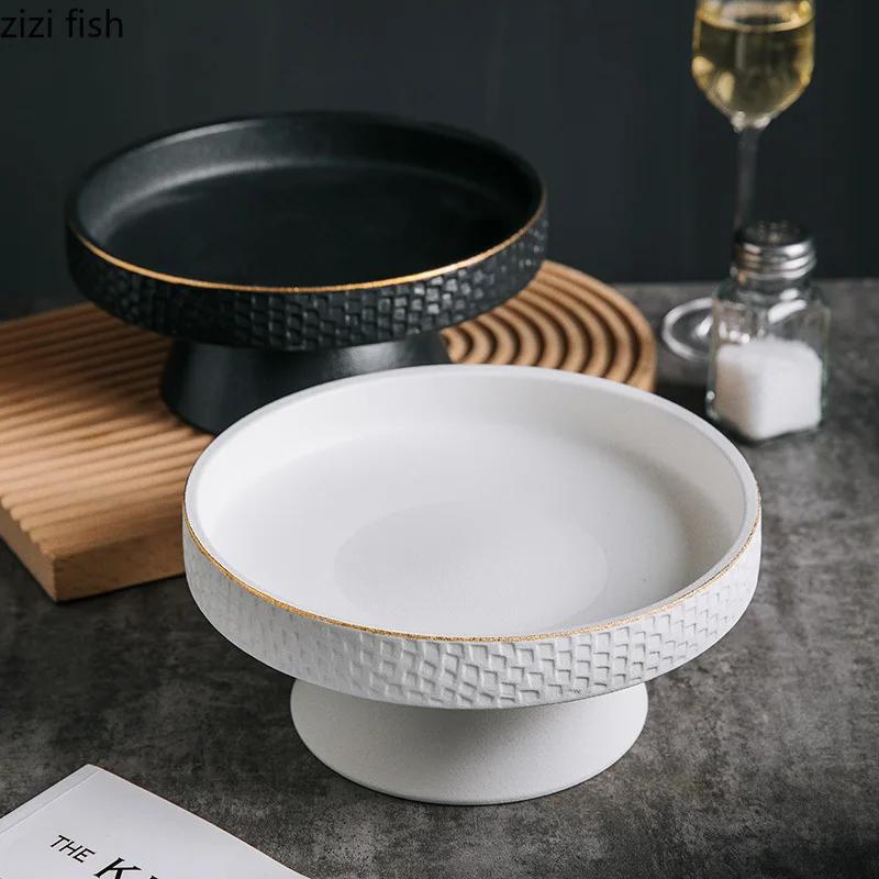 Round Ceramic Pasta Steak Plate Salad Bowl Soup Basins Cooking Plate Kitchen Solid Color Tableware High Foot Snack Desserts Tray