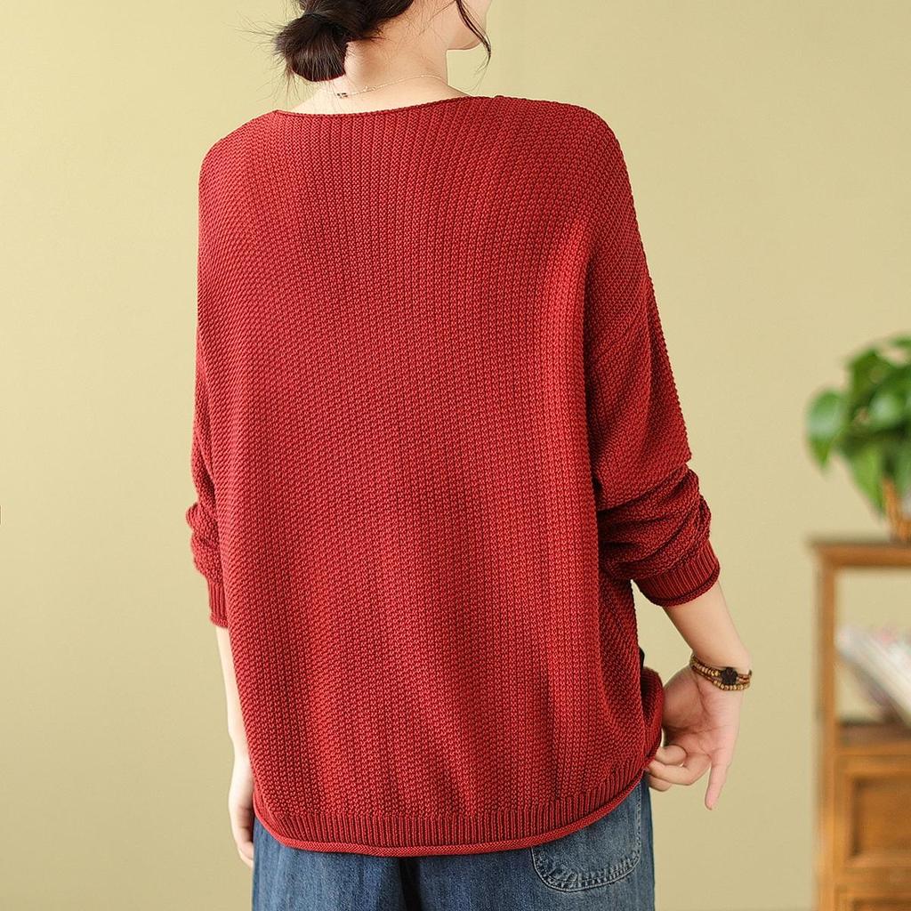 Retro Style V-Neck Patchwork Cotton Knit Sweater - Long Sleeve Loose Fit Pullover