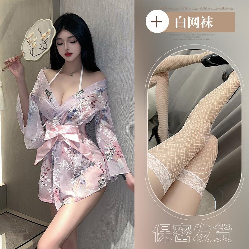 Sexy lingerie kimono bathrobe set uniform seduction print Japanese bow sexy Japanese pajamas new