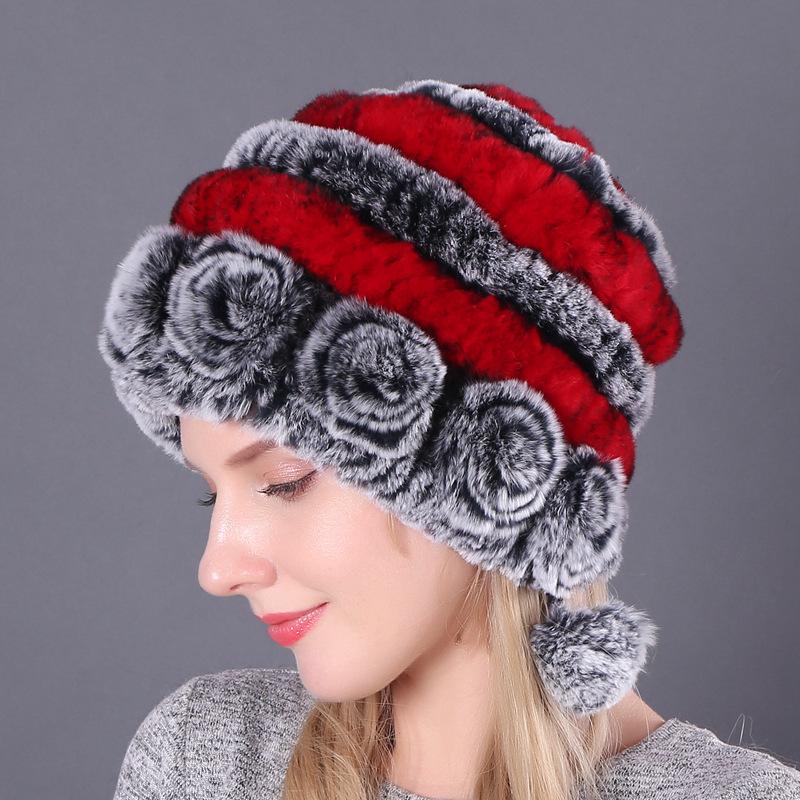 Frauen Herbst Winter Wärme Verdickte Gehörschutz Pelz Gras Rex Kaninchen Haar Hut Drei Ball Runde Strickmütze