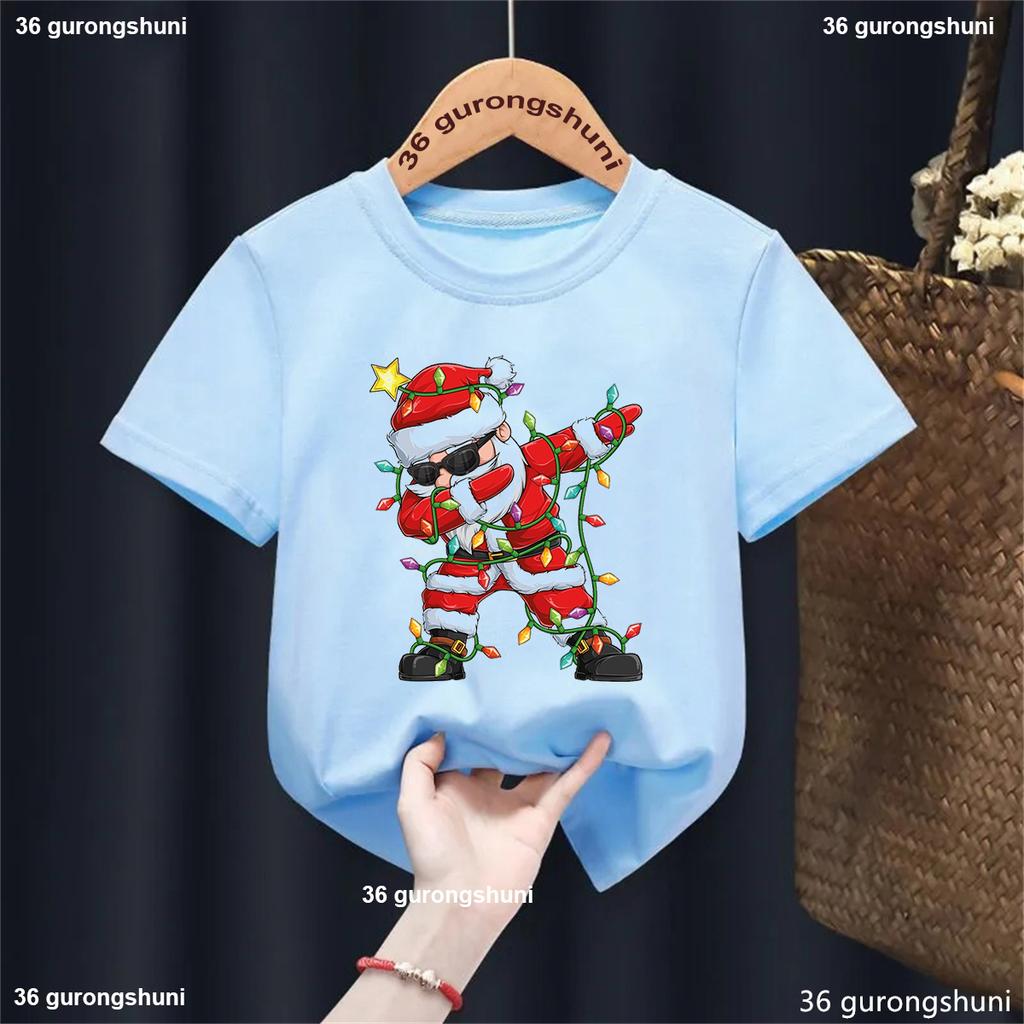 Kawaii Kids Clothes Dabbing Santa Claus Christmas Tree Lights Print T Shirt Girls/Boys Funny Solid T-Shirt Harajuku Shirt Tops