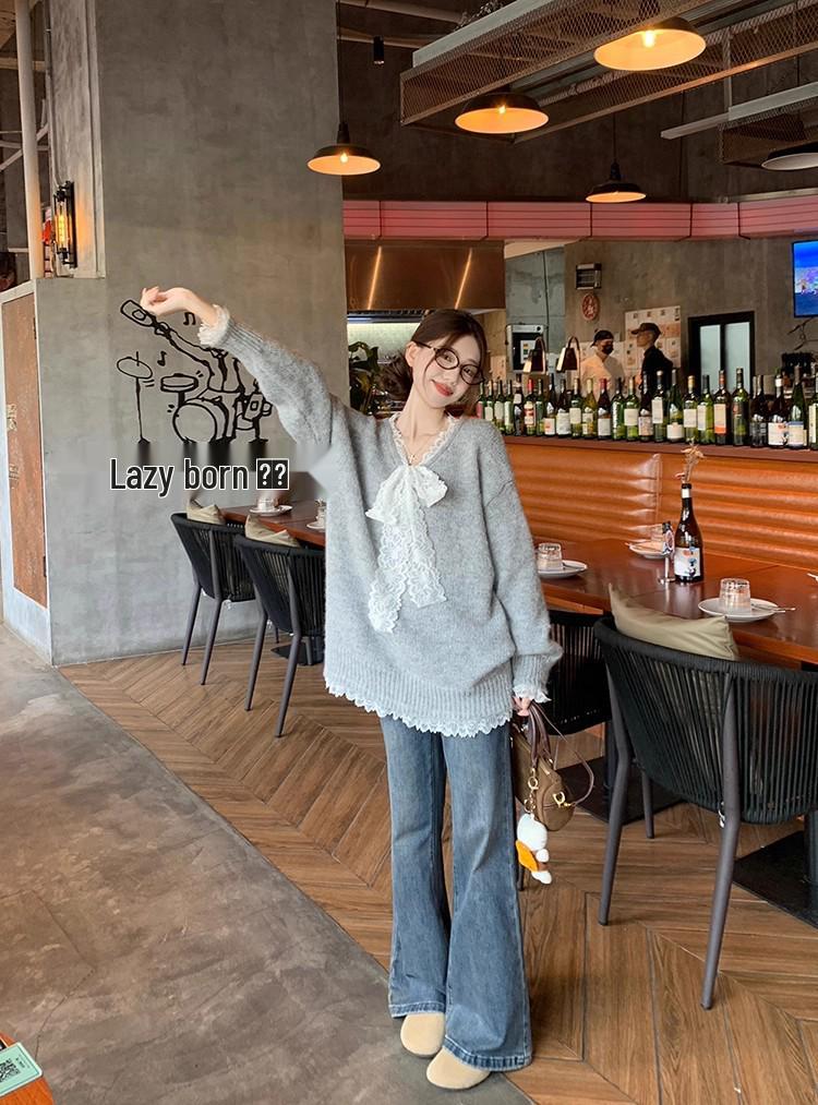 Gray Lace Patchwork Bow Sweater - Women's Casual Loose Fit Autumn Knitwear