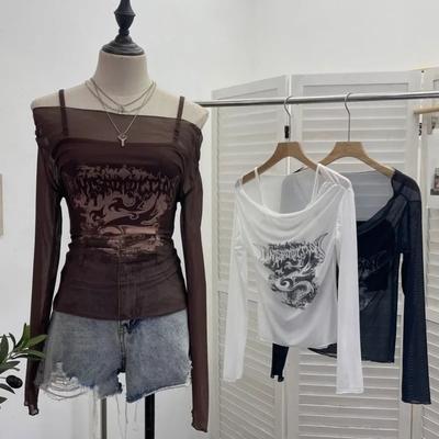 VAYLA Mujer Retro Y2K Chica Caliente Un Hombro Malla Protector Solar Cubre Traje Camisola Manga Larga Camiseta Conjunto de Dos Piezas Atuendo Diario