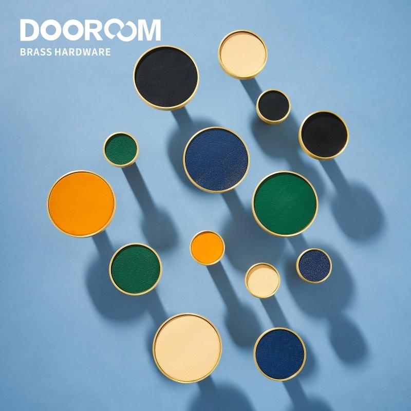 Dooroom Brass Leather Furniture Handles Light Luxury Round Pulls Cupboard Wardrobe Dresser Shoe Box Drawer Cabinet Knobs 