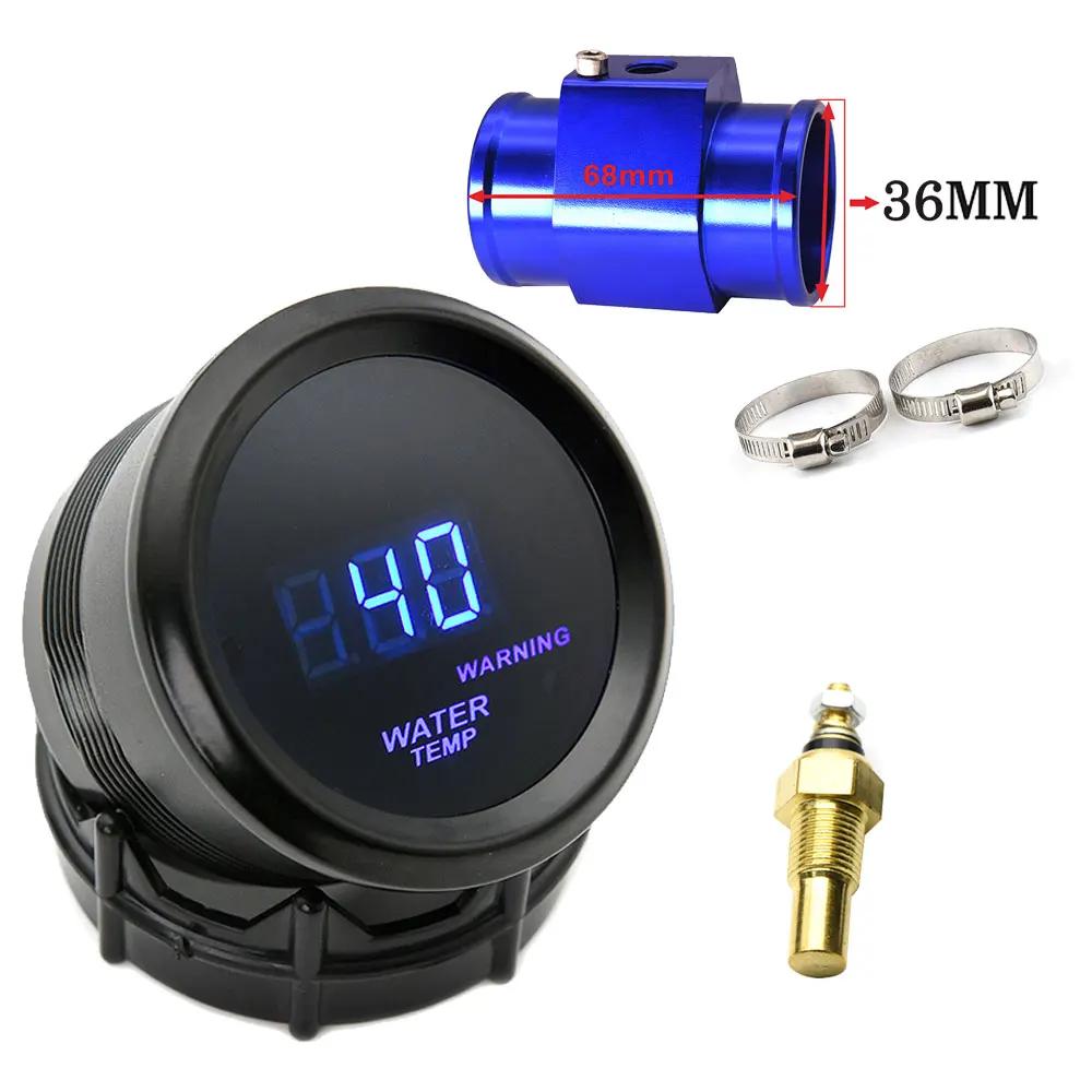 52mm Wassertemperaturanzeige Blaue LED-Beleuchtung mit 16mm-40mm Anschlussrohr-Adapter Schwarz/Blau mit Wassertemperatur 1/8NPT Sensor