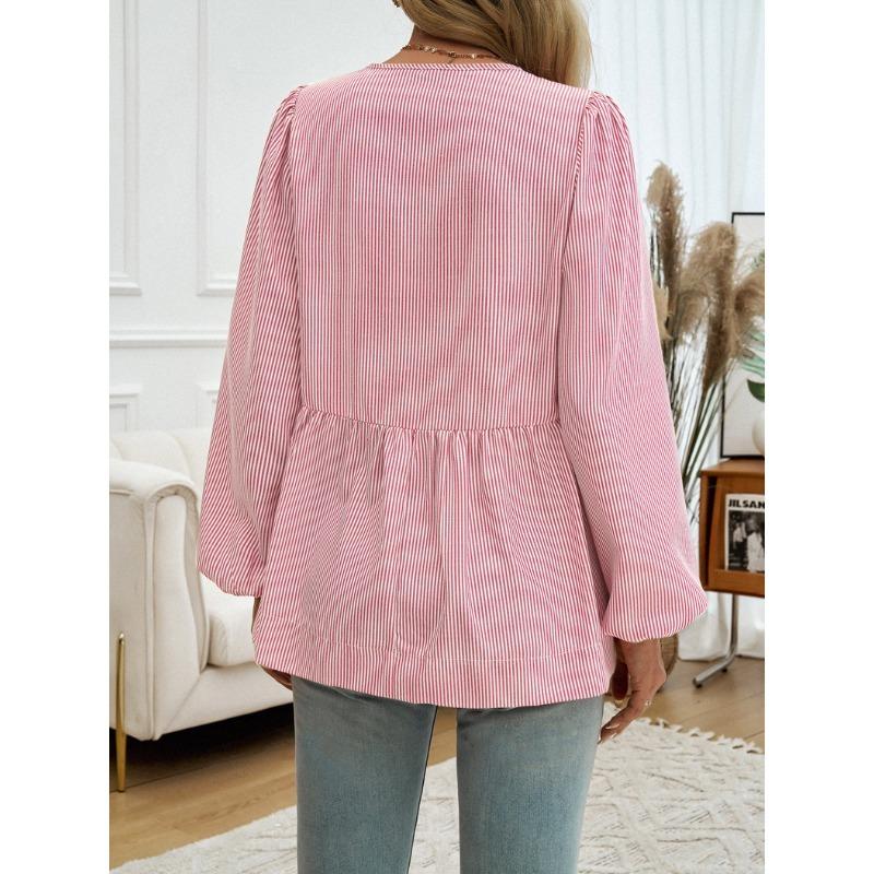 Damen Herbst und Winter Tops Lässig Locker Gestreiftes Hemd Mit Laternenärmeln
