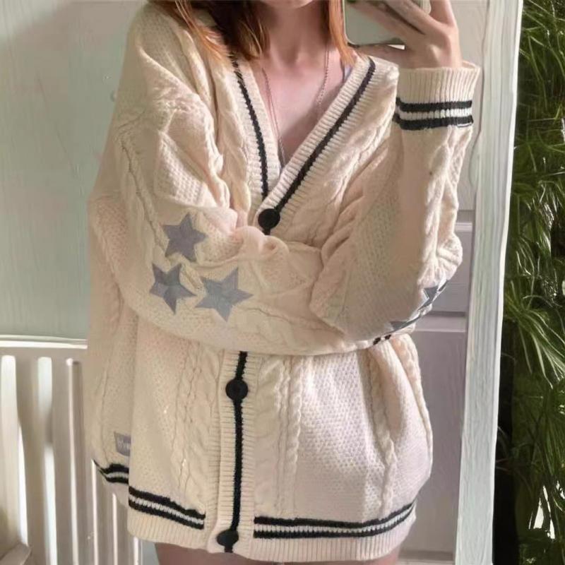 Women's Knit Cardigan Long Sleeve V Neck Star Embroidery Button Up Oversized Loose Fit Autumn Winter Casual Loungewear