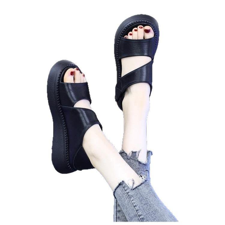 Internet Celebrities Popular Platform Sandals Women's Summer 2025 New Velcro Non-slip Soft Sole Mid-heel Skirt Casual Roman Shoes