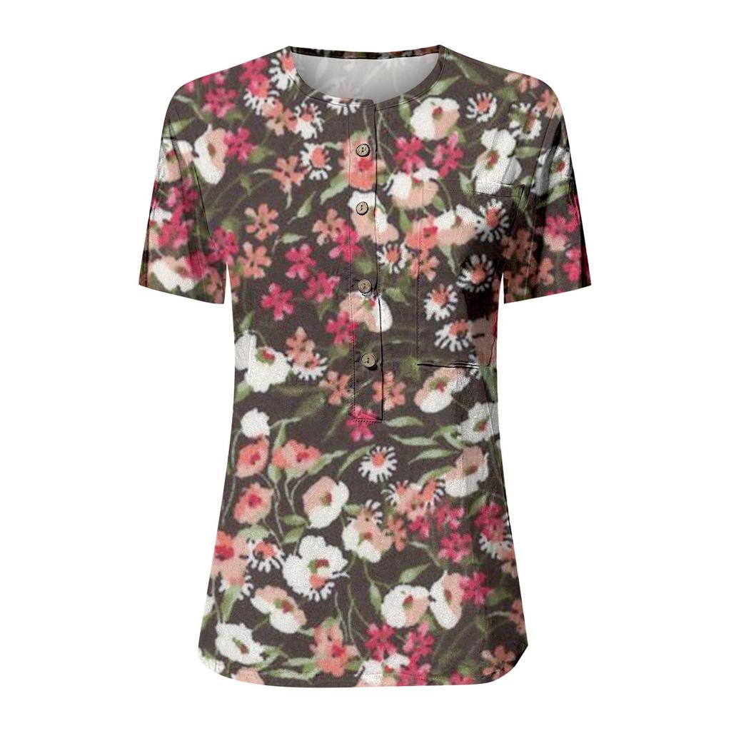 Women's Summer Casual Fashion Cotton Linen Printed Women's Short Sleeve Shirt Tops