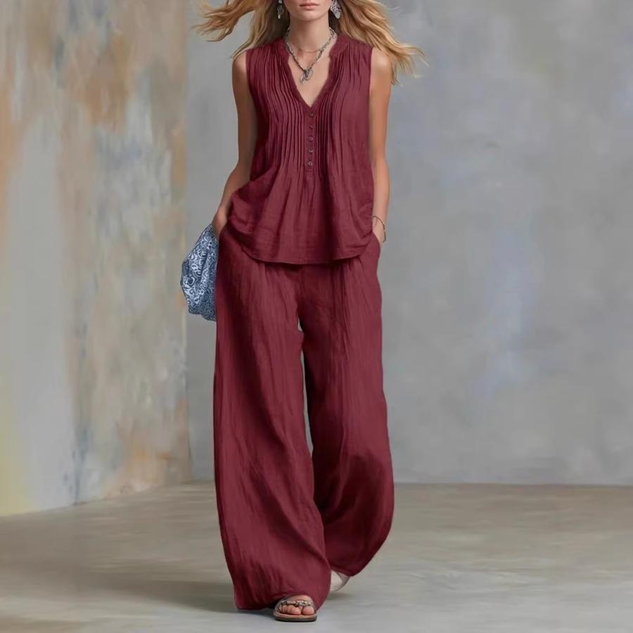 Women's Summer Casual Fashion Elegant Solid Color Sleeveless V-Neck Set