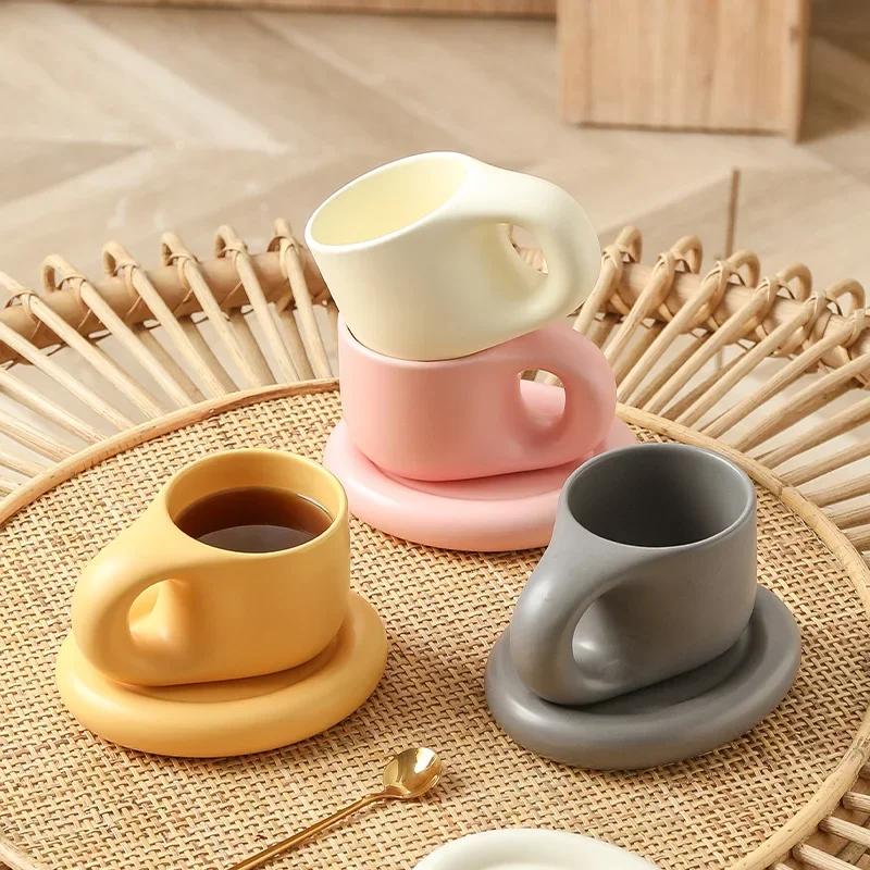 1Set 350ml Ceramic Coffee Chubby Mug Saucer Set Creative Cute Fat Handle Cup with Saucer for Office and Home Room Decor