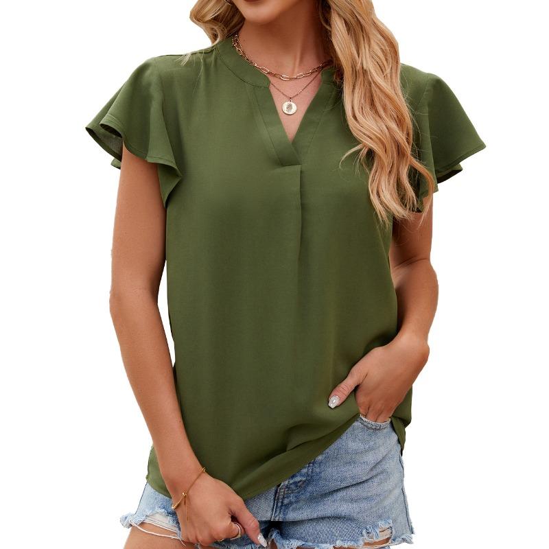 

Весна Лето Женская футболка с V-образным вырезом, оборками и рукавом три четверти, повседневная, шифоновая рубашка XXL армия зеленый