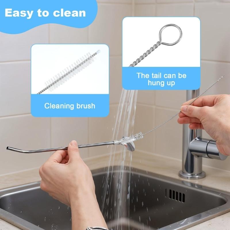 6Pcs Reusable Stainless Steels Straw Spoons With Cleaning Brush Cocktail Stirring Spoon For Beverages And Dessert