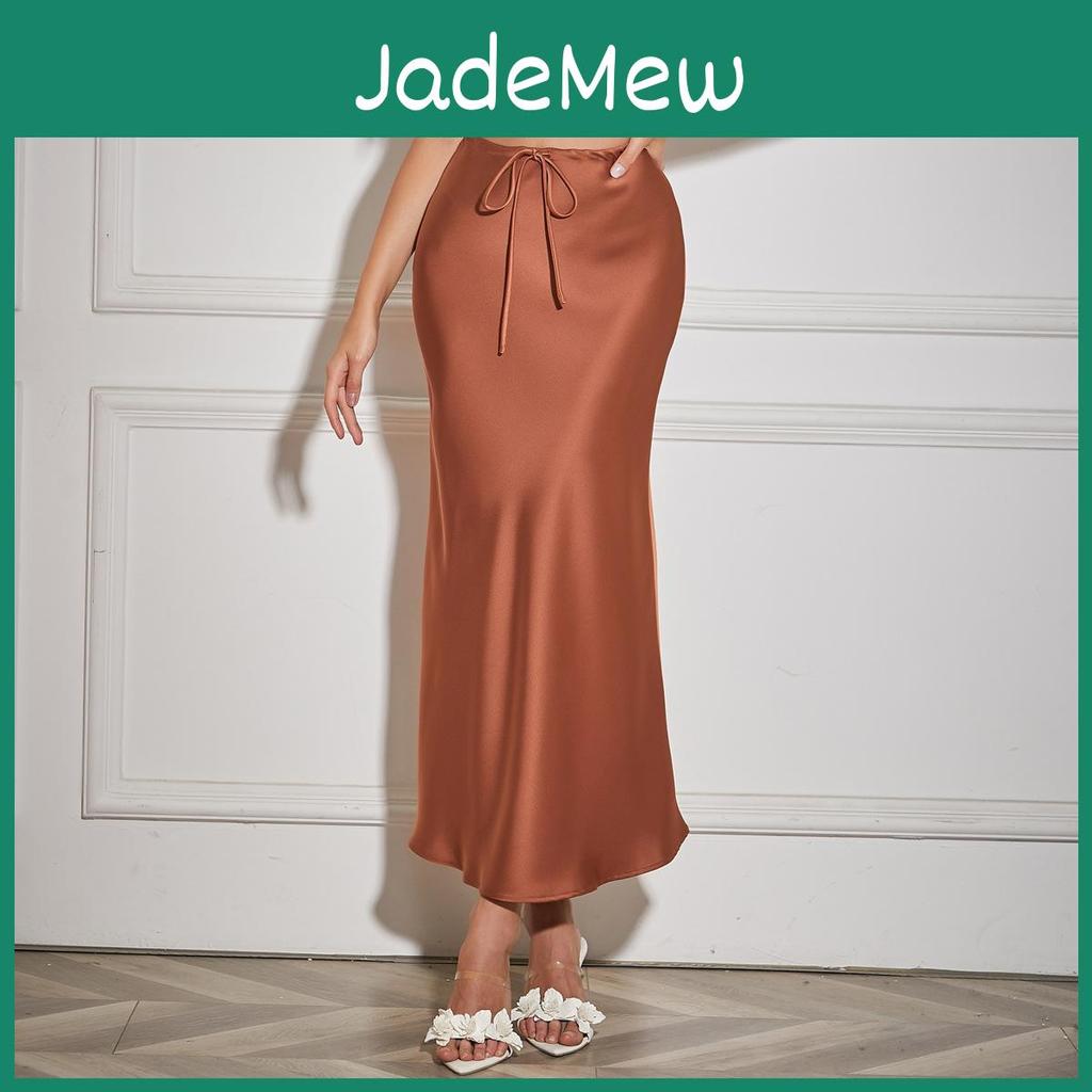 Waist Tie High Satin Drawstring Solid Color Halter Skirt