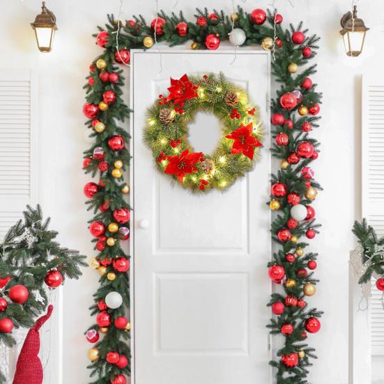 Pre-Lit Christmas Wreath for Front Door 12 Inches LED Lighted Artificial Christmas Wreath