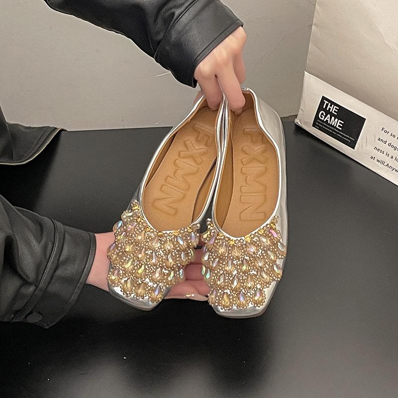 Crystal full diamond flat-soled single shoes inner height increase women's shoes summer high-end commuting ladyshoes