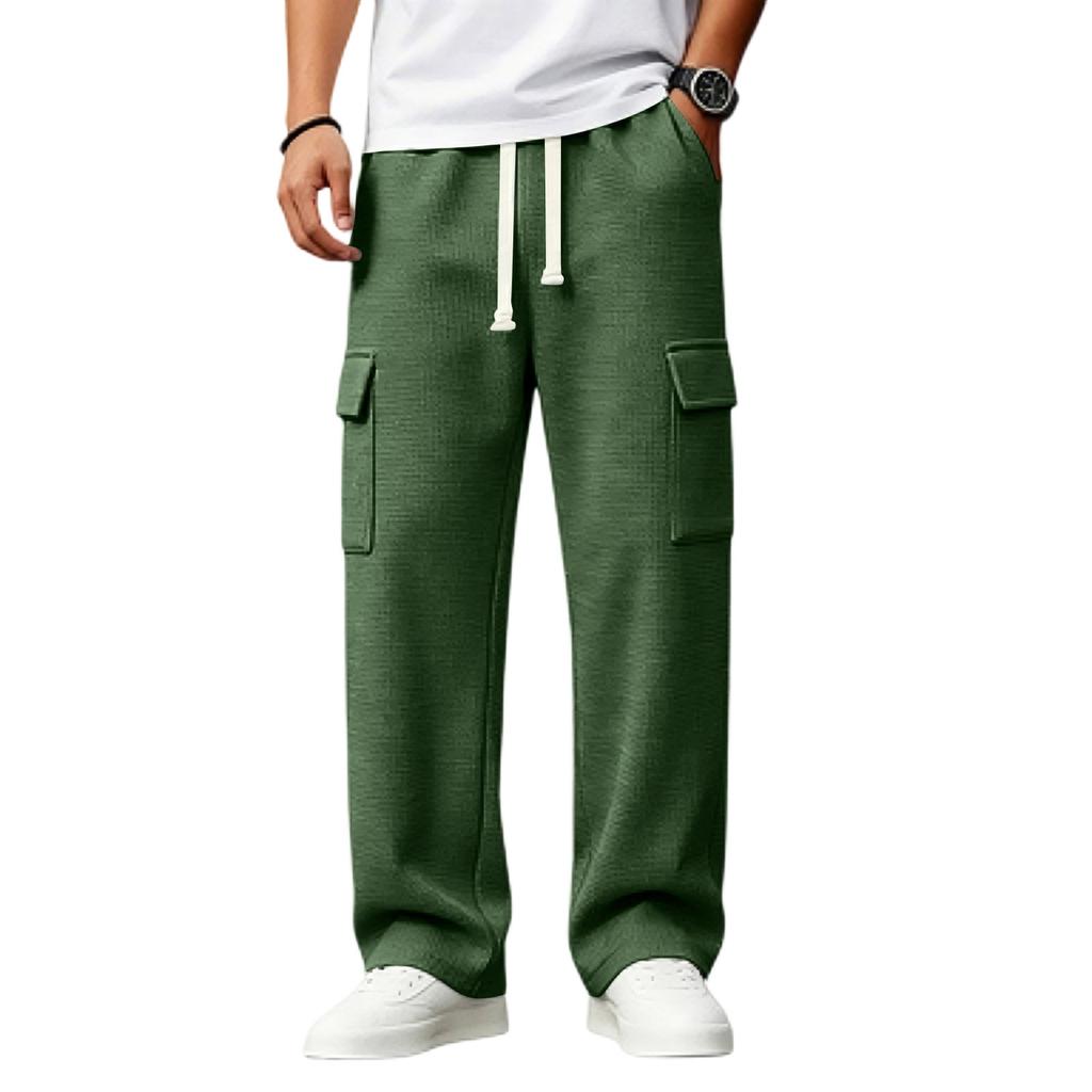 Men's Knit Cargo Pants Loose Fit Multi-Pocket Casual Pants with Drawstring Elastic Waist for Daily Wear