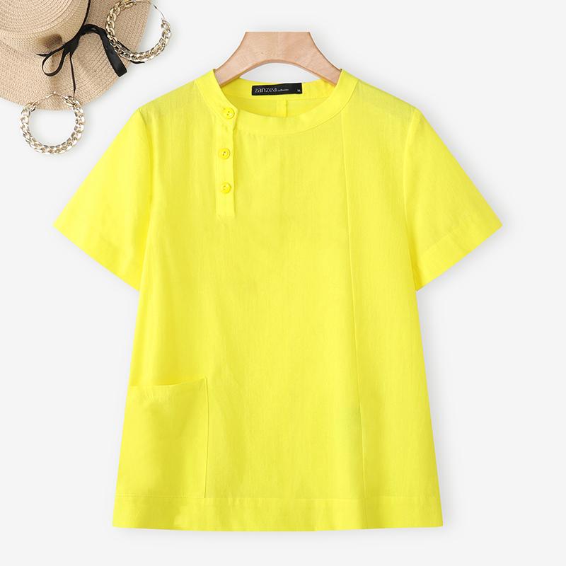 ZANZEA Lässige Bluse mit Rundhalsausschnitt, einfarbig, locker und kurzärmelig für Damen