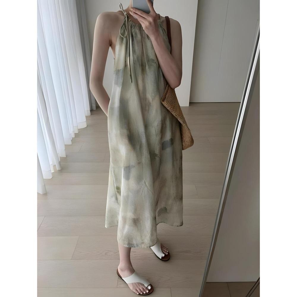 Smudge Print Lace-up Neck Dress for Women's Thai Seaside Vacation Super Fairy Beach Dress