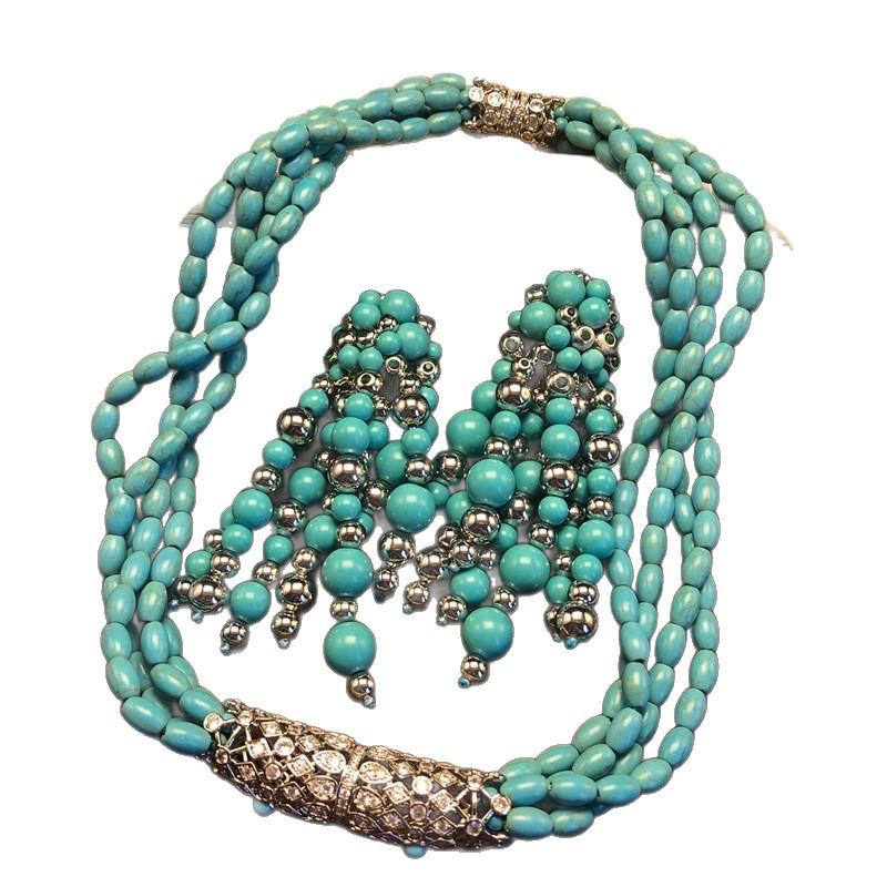 Colar Bohemian Turquesa com Contas e Interruptor de Rosca Cobre com Borla de Diamante Conjunto Longo de Clipe de Orelha de Ombro