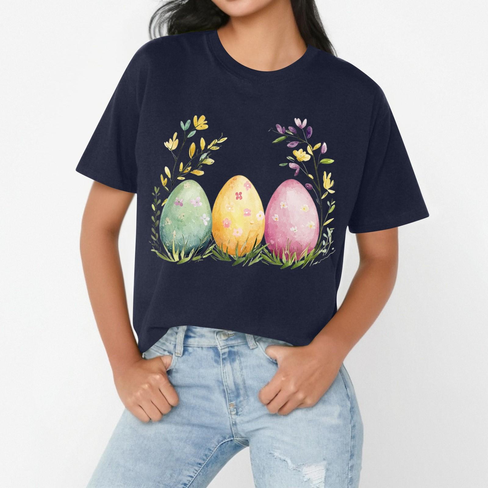 

Женская повседневная свободная футболка с пасхальным принтом, круглый вырез, пуловер, короткий рукав, топ XXL тёмно-синий