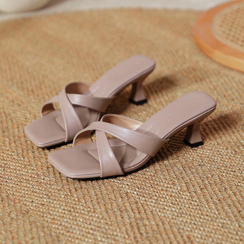

French square head open-toed high-heeled cool slippers women s summer 2025 new thin-heeled one-word slippers women s fashion 40 абрикосовый