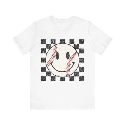 Unisex Baseball Glückliches Gesicht Trendiges Lächeln Gesicht Baseballspieler Kariertes T-Shirt