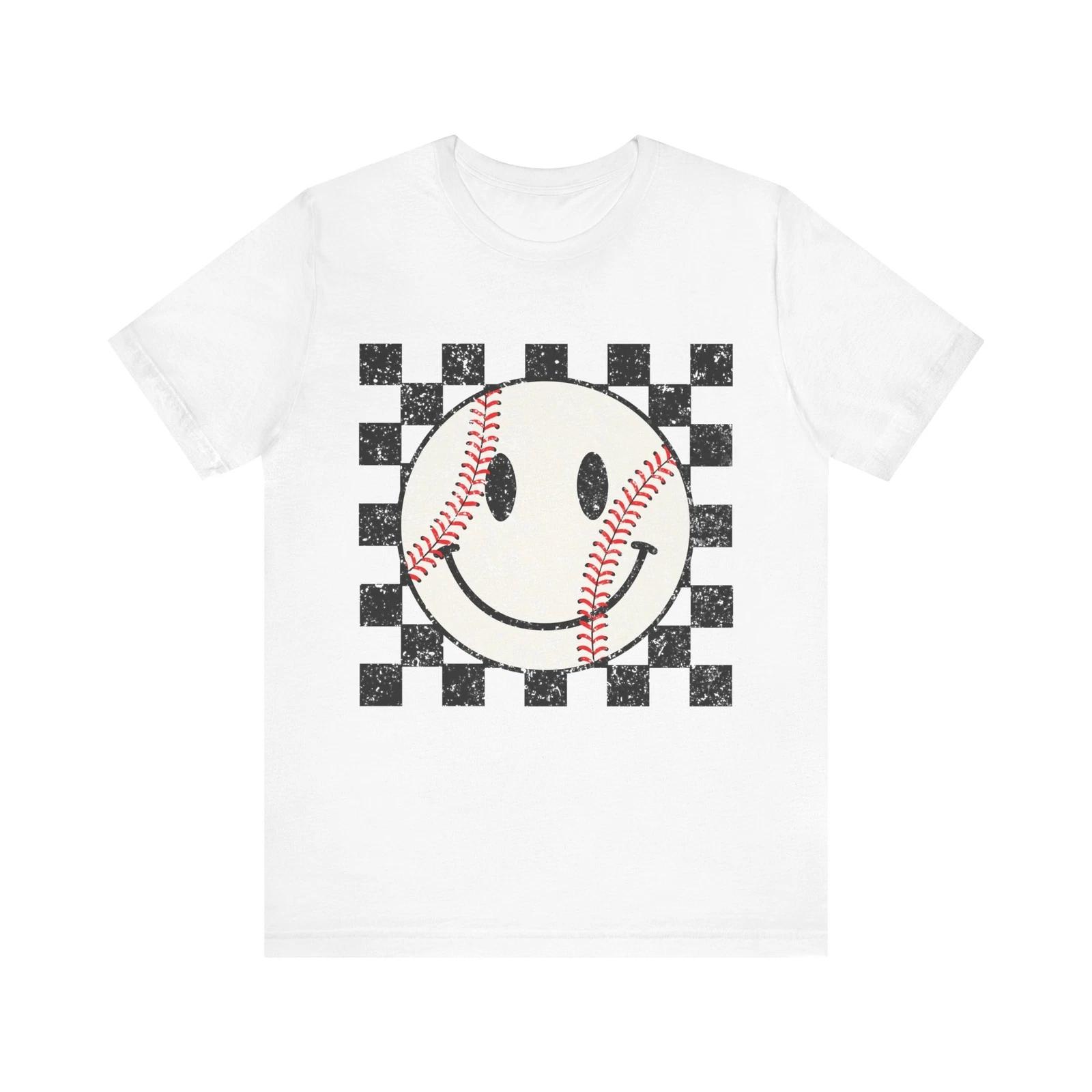 Unisex Baseball Happy Face Trendy Smile Face Baseball Players Checkered T-Shirt M