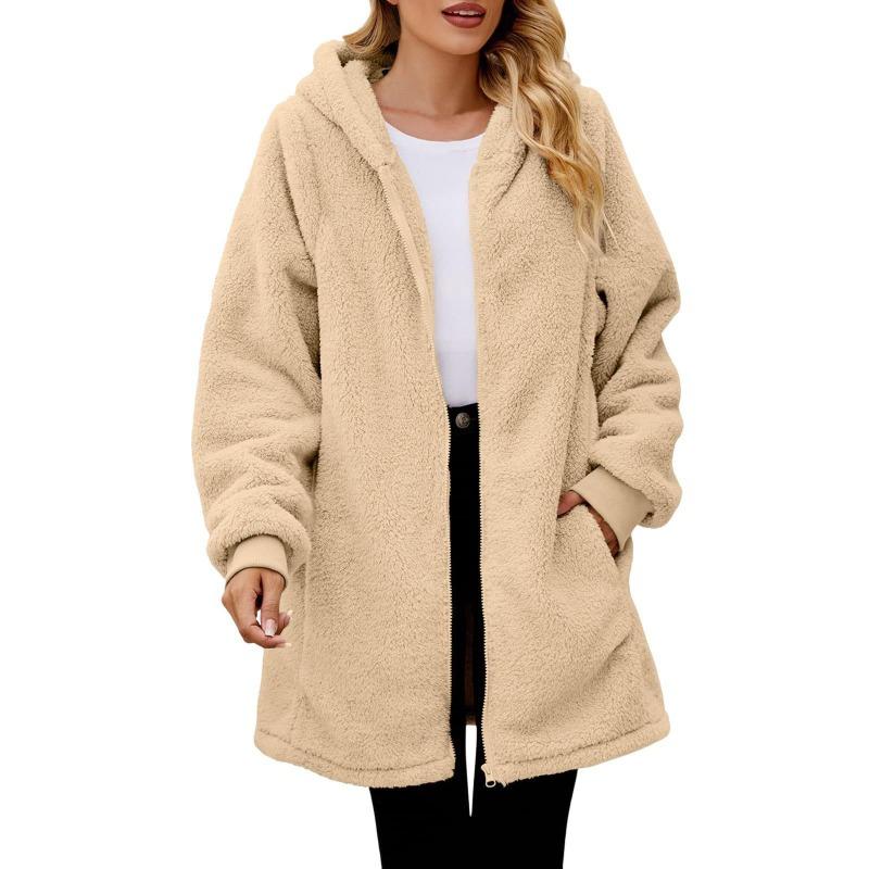 Große Größe Temperament Langärmeliger Kapuzen-Cardigan mit Reißverschluss, Lockerer Plüsch Damen Warmer Oberteil für Herbst und Winter