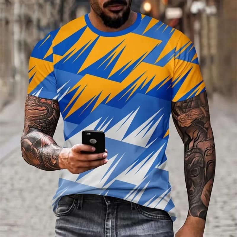 Pánské barevné tričko s geometrickým vzorem Color Block 3D potištěná trička Letní pouliční s krátkým rukávem s kulatým výstřihem Volná trička