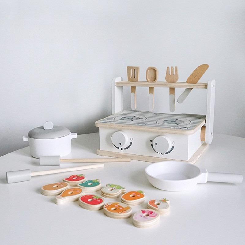 Wooden Korean Portable Folding Simulation Kitchen Stove Ice Cream Counter BBQ Skewers Tableware Cutlery Play House Toys