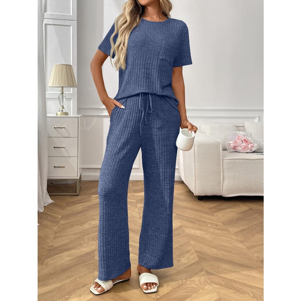 Solid Color Pit Stripe Nightgowns Round Neck Short Sleeve Pants Home Clothes Sets Women's Nightgowns & Sleepshirts