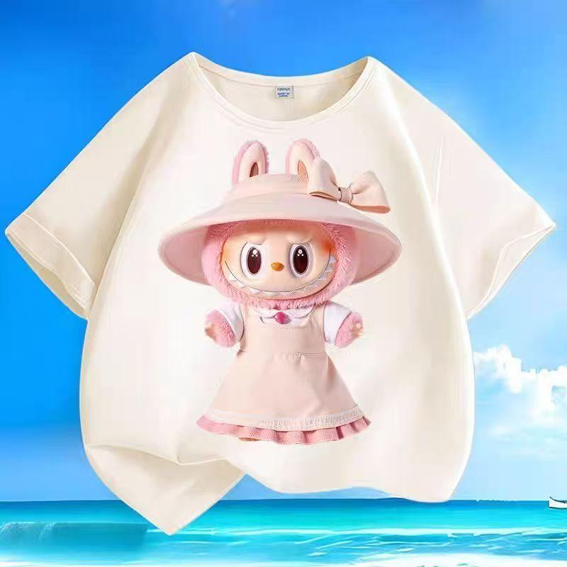 LABUBU Tegneserie Tolv Stjernebilder Trykk Barn T-skjorter Beige Gutt Jenter Kortermet Topp Trend Klær Gave