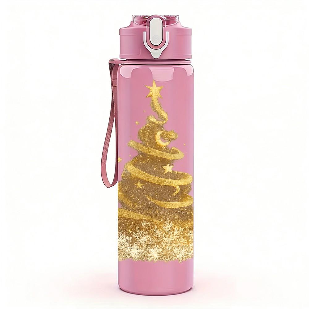 1PC Golden Glitter Christmas Tree Print 750ml Color Plastic Sports Water Bottle Leakproof Flip Straw Lid Suitable for Sports Office Home Use