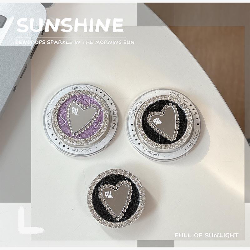 Leather Heart-Shaped Magnetic Phone Holder & Mirror with Finger Ring
