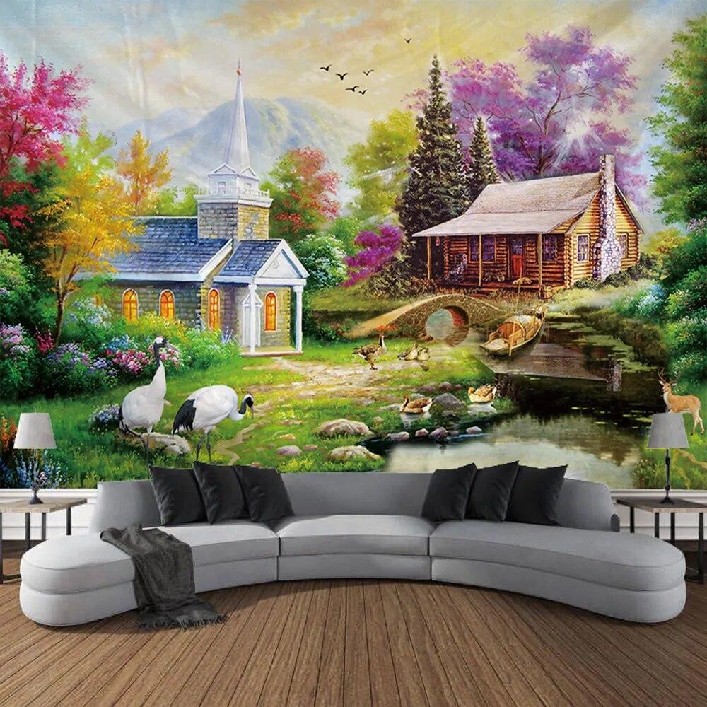 Dream Forest Cabin Oil Painting Wall Art Large Tapestry Mural Decoration Curtain Bedroom Living Room Home Decoration