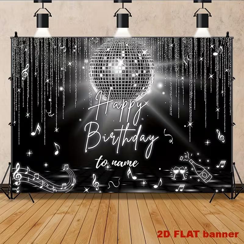 Custom Happy Birthday Disco Party Background, Black Silver Glitter Disco Ball Banner for Retro Birthday Nights