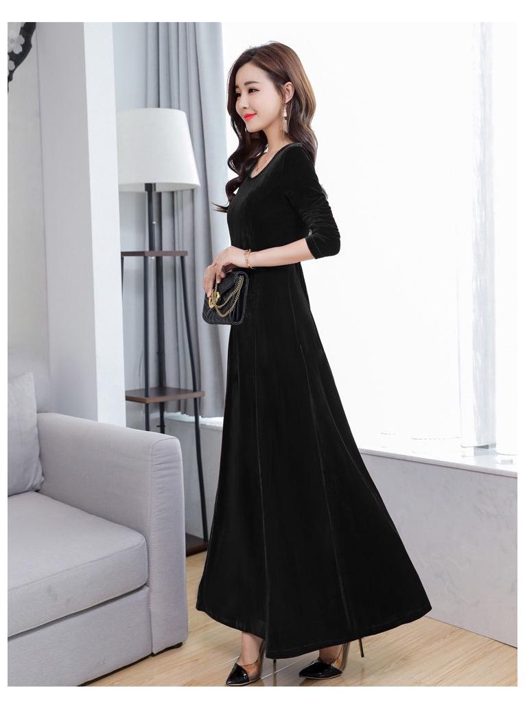 Plus Size Gold Velvet Long-Sleeve Dress - Spring/Autumn Style