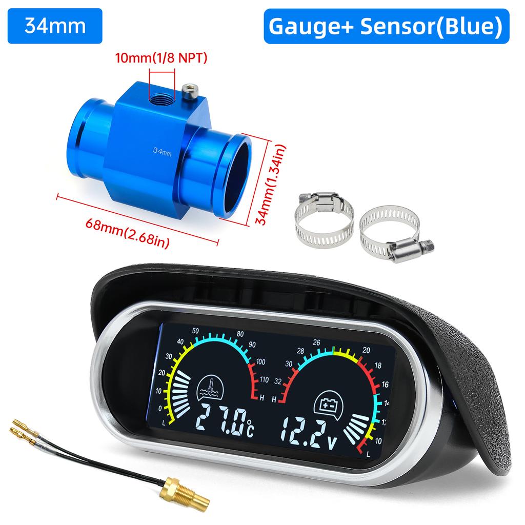 2 In 1 Water Temp Gauge Voltmeter With 1/8 NPT Temperature Sensor With Adapter (Option) Volt Voltage Meter For Car Truck 12V 24V