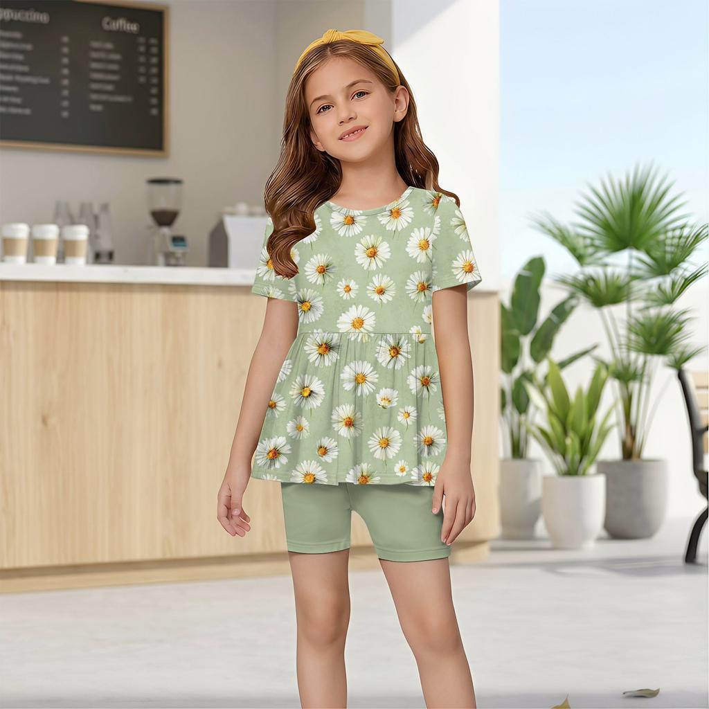 Girls Summer Outfit Set Short Sleeve Ruffle Hem Top and Shorts with Heart Pattern Casual Lightweight Clothing for Kids