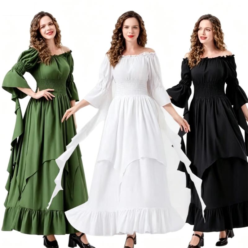 Middle Ages Renaissance off shoulder long dress, flowing flared sleeve dress with ruffles, women's retro court attire