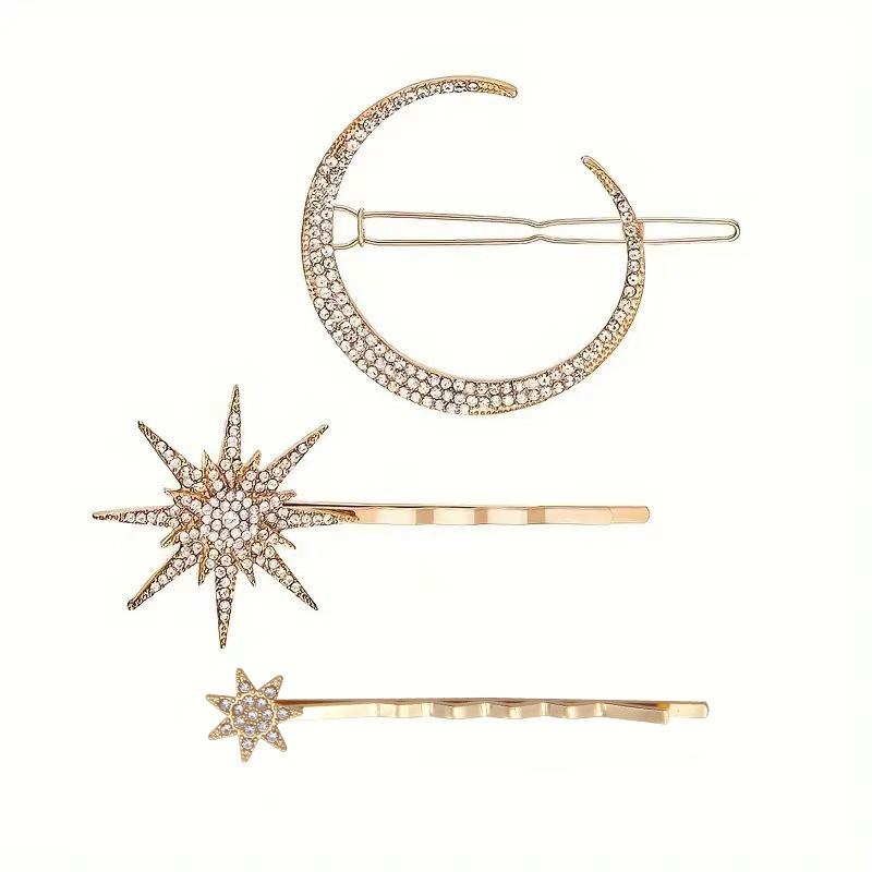 

3pcs/set Crystal Side Hair Clip Pins Metal Hair Barrettes Girl Hair Accessories Stars Moon Rhinestone Clips Set Star Hairpins золотой