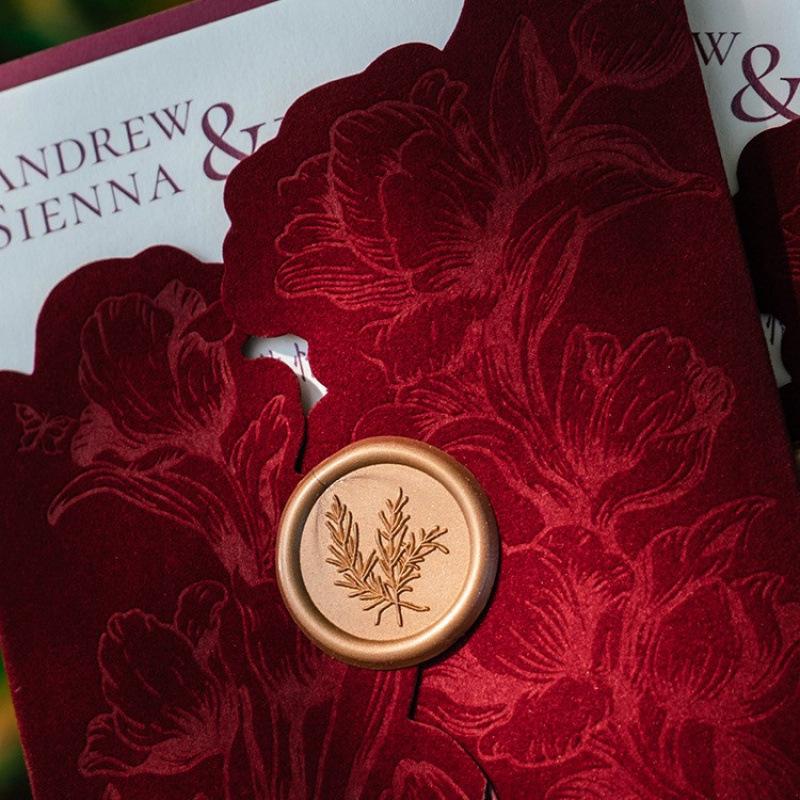 Claret Red Velvet Cloth Luxury French Wedding Invitation with Wax Seal