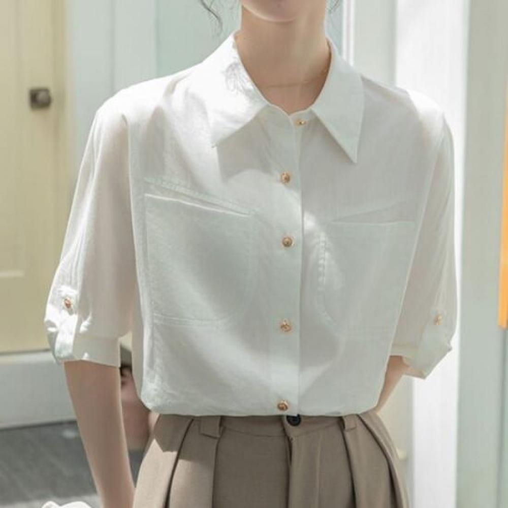 Navava Women Casual Retro Short Sleeve Collar Shirt Nb2807